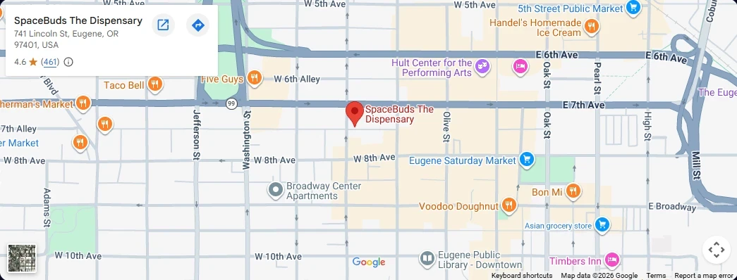 Map showing SpaceBuds The Dispensary at 741 Lincoln St, Eugene
